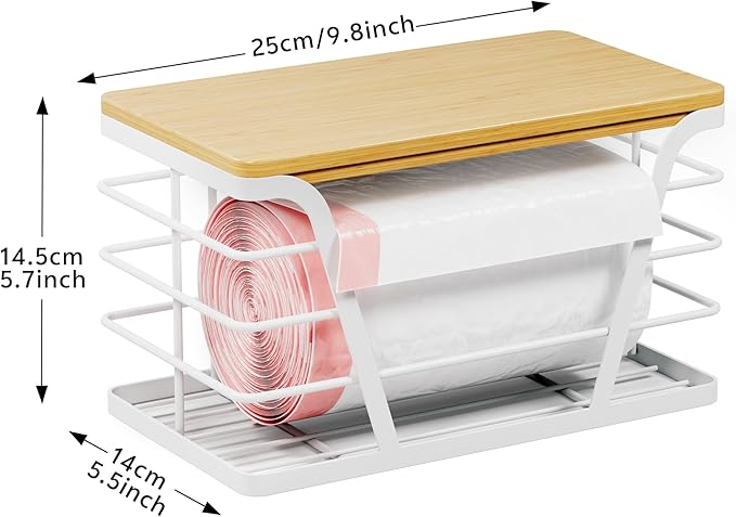 TIDIIABODE Small Grocery Bag Holder, Trash Bag Dispenser with Removable Bamboo Top, No Drill,White