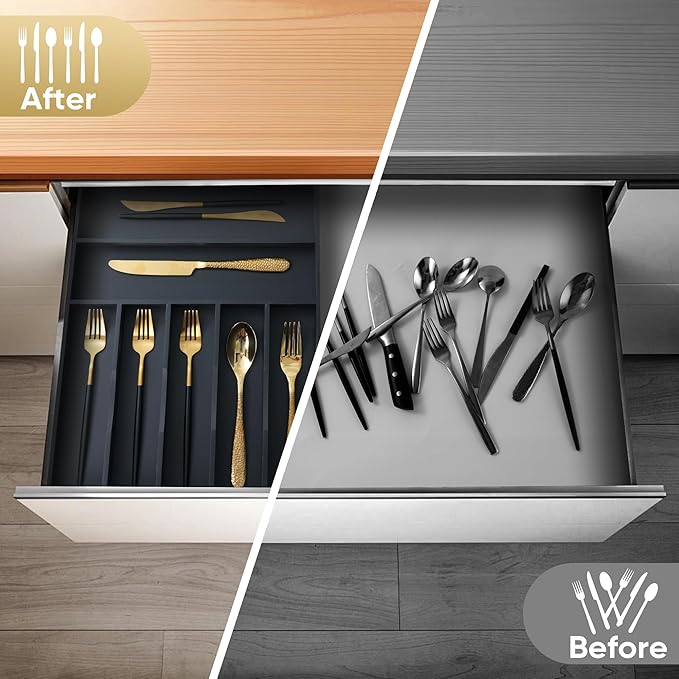Silverware Organizer, 12.5 Inch Utensil Organizer Kitchen Drawer Organizer Bamboo Silverware Holder Cutlery Tray Organizer in Drawer Flatware Organizer Tray(7 slots, Black）