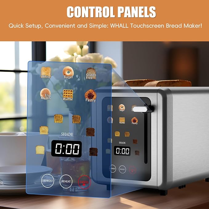 Touch screen Toasters 2 slice,Stainless Steel Digital Timer Toaster with Sound Function,6 Bread Types & 6 Shade Settings,Smart Extra Wide Slots Toaster with Bagel,Defrost Functions,Grey