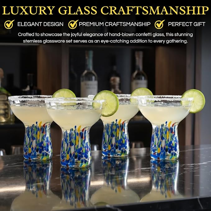 Stemless Margarita Glasses – Set of 4-6oz Luxury Hand Blown Confetti Margaritas, Martini, Cocktails, Water, Wine, Dessert & Champagne Glassware Cinco de Mayo, Hand Blown - Mexican Confetti Glass