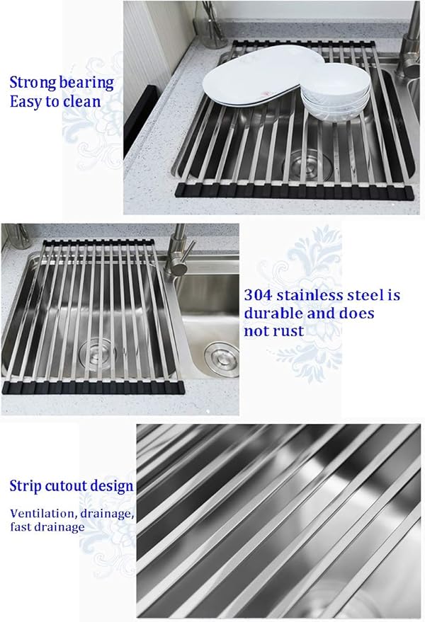 Kitchen Roll-Up Dish Drying Rack 12 Square Tubes Foldable Stainless Steel Over Sink Fruit Vegetable Drainer Bowl Storage Holder Racks(Size:45x33cm)(Tobes - 14,45x33cm)
