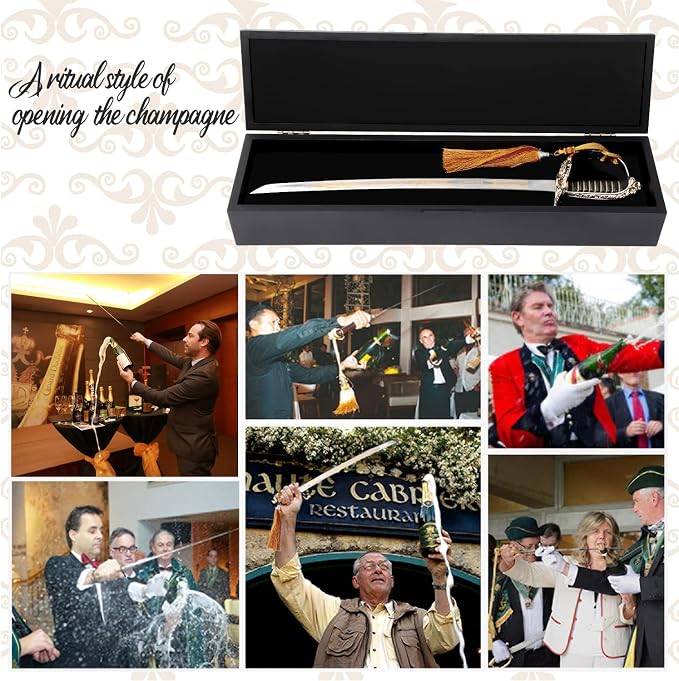Champagne Saber with Golden Handle & Wooden Gift Box,Pirate Sword Champagne Opener,Sparkling Wine Knife,Champagne Knife Unique Openning Wine with Sabre (Golden)