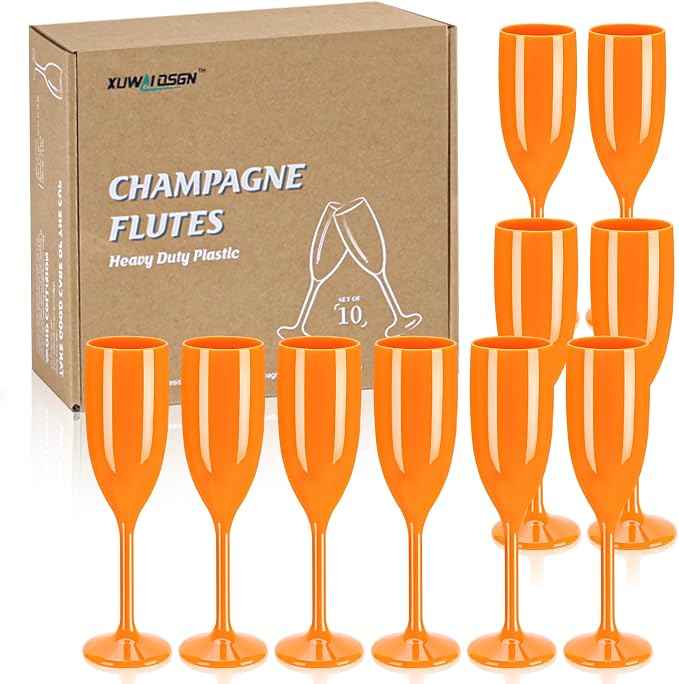 XUWAIDSGN Acrylic Champagne Flutes Toasting Glasses Unbreakable Mimosa Bar Reusable Wine Glasses Vintage Champagne Flutes Stemmed Drinking Cups 5.4 OZ for Christmas Birthday (10, Orange)