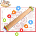 Adjustable Wooden Rolling Pin with 4 Thickness Rings (2/4/6/10mm), Pastry Baking Mat with Measurement Guide, Wooden Phone Stand, Baking Tools for Fondant, Pizza, Pie Crust & Cookies (Beech Wood)