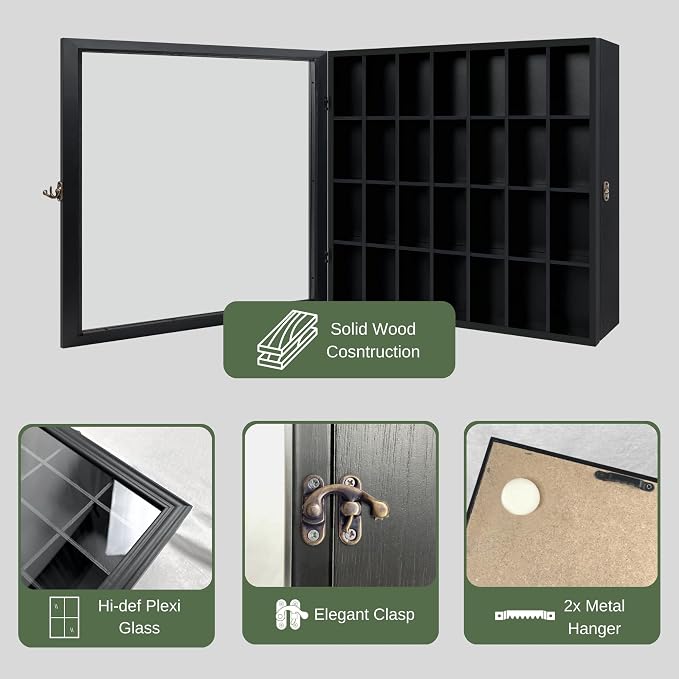 Shot Glass Display Cabinet Solid Wood - Large Display Case for Collectibles | Man Cave Accessories | UV Protection Acrylic Door | Wall Mounted Black Shadow Box | 28 Divided Slots (18 x 16 Black)