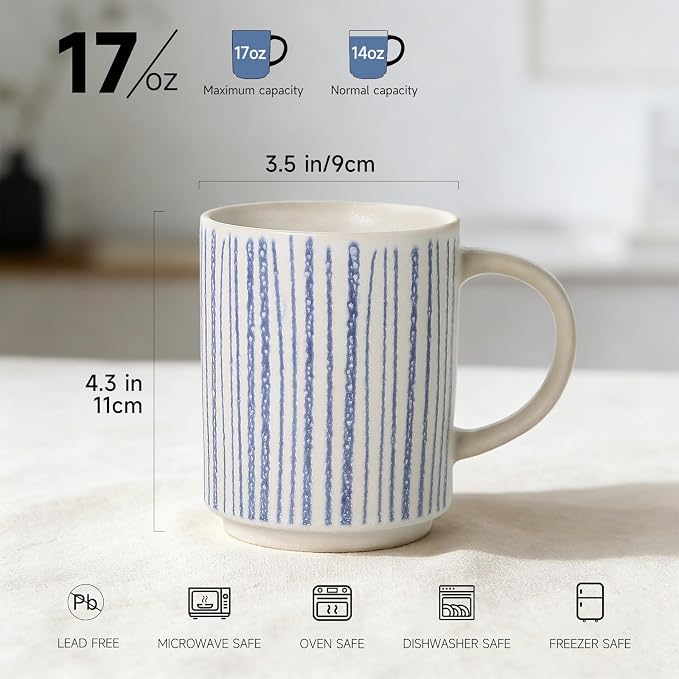 Coffee Mugs Set of 6, 17oz Ceramic Mugs with Handpainted Blue Gray Stripe Pattern, Modern Stackable Coffee Cups, Dishwasher and Microwave Safe Mugs for Home & Office (Vertical Stripes)