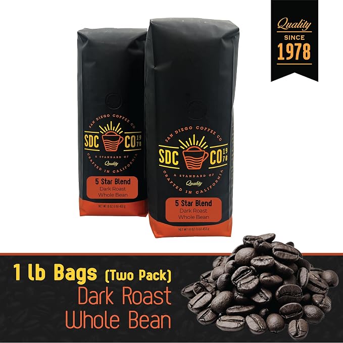 San Diego Coffee 5 Star Blend, Dark Roast, Whole Bean Coffee, 16-Ounce Bags (Pack of 2) Café en grano tostado