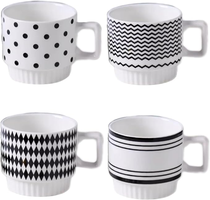 Stackable Coffee Mugs Set of 4, Simple Geometric Patterns Coffee Mug, 12oz Tea Cup Set, Espresso Cups, Stacked Mug Set for Household Party Housewarming Gift
