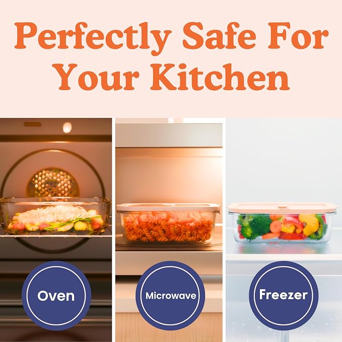 Ziruma Non-Toxic Glass Food Containers with Lids, 4-Pack, 35 oz, Beige | Plastic & BPA free. Glass body, glass lid & platinum silicone seal. Airtight & leakproof. Freezer & microwave safe.