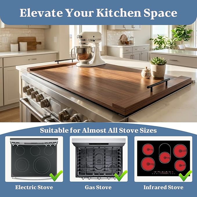 Walnut Finish Stove Top Cover for Gas & Electric Range | 30"x22" Rustic Noodle Board with Handles | RV Kitchen Workspace Saver