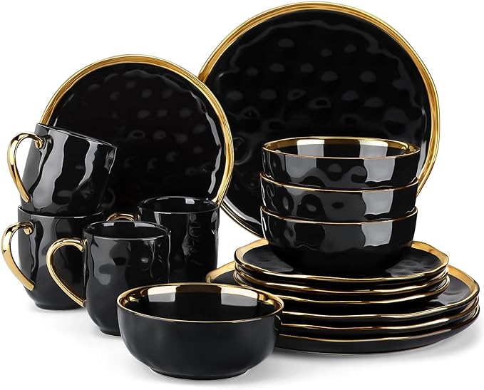 LOVECASA 16 Pieces Plates and Bowls Sets, Porcelain Black and Gold Dinnerware Sets, Round Dinner Plates Dishes Set Service for 4, Dishwasher Safe and Scratch Resistant, Black