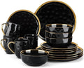 LOVECASA 16 Pieces Plates and Bowls Sets, Porcelain Black and Gold Dinnerware Sets, Round Dinner Plates Dishes Set Service for 4, Dishwasher Safe and Scratch Resistant, Black