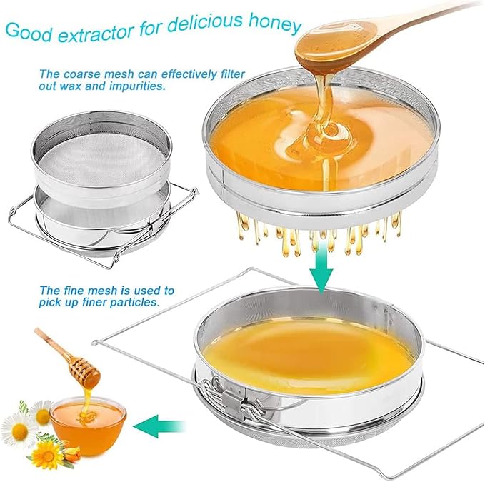 Honey Strainer for 5 Gallon Bucket Stainless Steel Double Sieve Honey Filter Strainer for Clean Honey with Up to 16.5 inches Extendable Arms