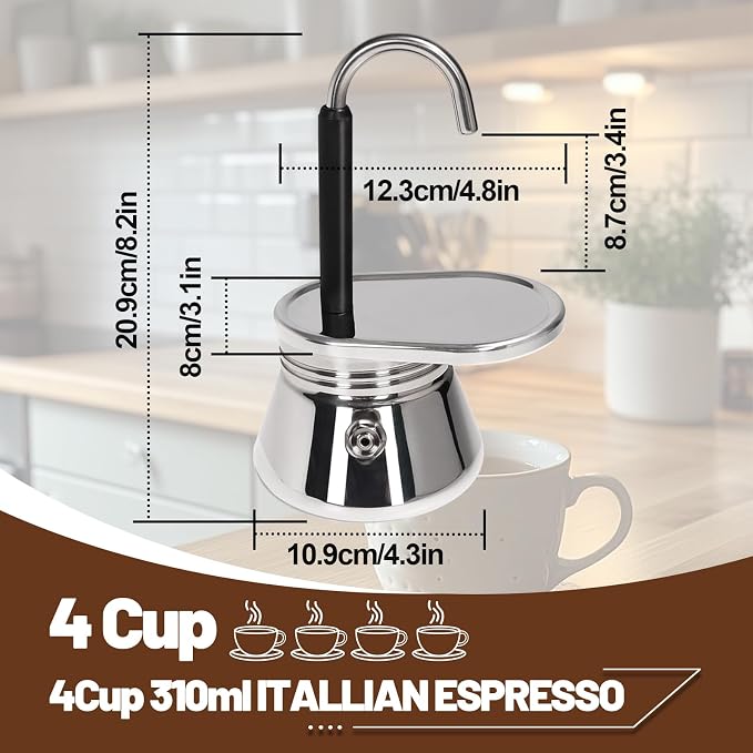 4 Cup Single Tube Moka Pot Stainless Steel Stovetop Espresso Maker Cafeteras Italian Percolator Espress Makers Capable Greca Mocha Coffee Machine for Induction Home 310ml 10.5oz