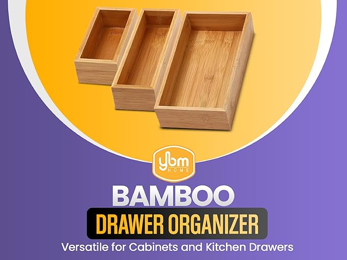 YBM Home Bamboo Drawer Organizer Storage Box for Kitchen Drawer, Junk Drawer, Office, Bedroom, Children Room, Craft, Sewing, and Bathroom, 2 Pack 6x12x2 inch