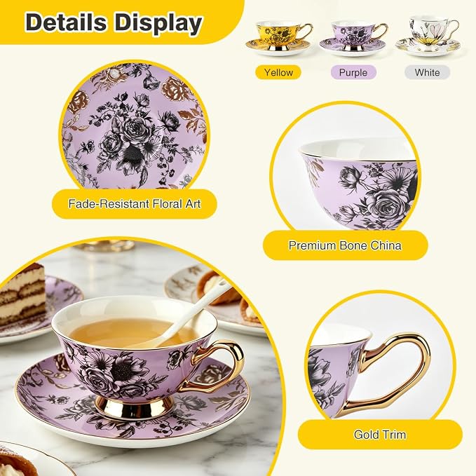 Bone China Tea Cup and Saucer Set for 1 with Spoon, Floral, 6.76 oz
