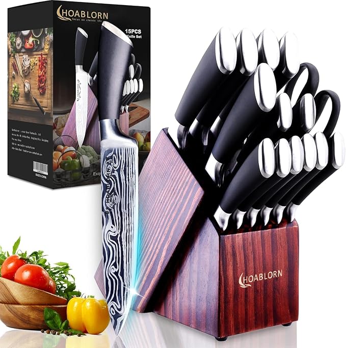 15pc Professional Stainless Steel Knife Set with Wooden Block - Damascus Knife Set for Chefs, Family, Housewarming, Wedding Gift