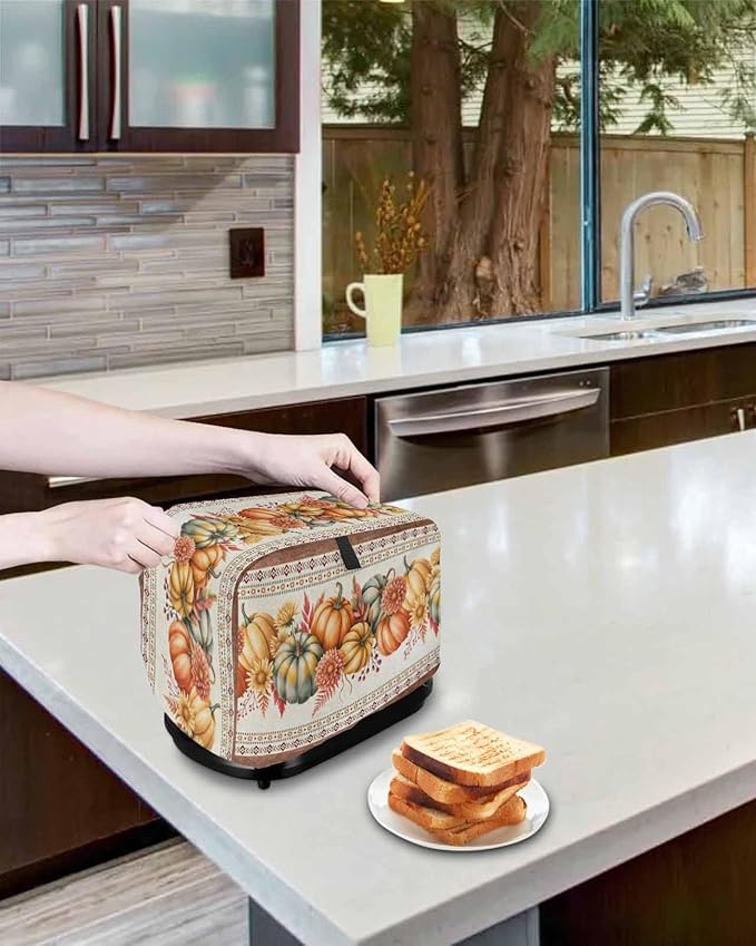Orange Pumpkins Fall Toaster Cover 4 Slice, Thanksgiving Southwestern Floral Dustproof Bakeware Oven Protector with Top Hook, Autumn Waterproof Small Kitchen Appliance Toasters Dust Cover, 12"x11"x8"