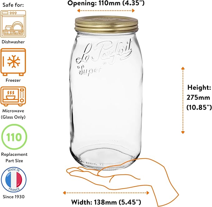 Le Parfait Eco-Friendly Zero Waste Wide Mouth Glass Jar with Airtight Screw Top Lid - Reusable French Storage Jar for Food, Soup, Flour, Sugar, Canning & Baking (3L/96oz, 1 Pack, Gold 2-Piece Lid)