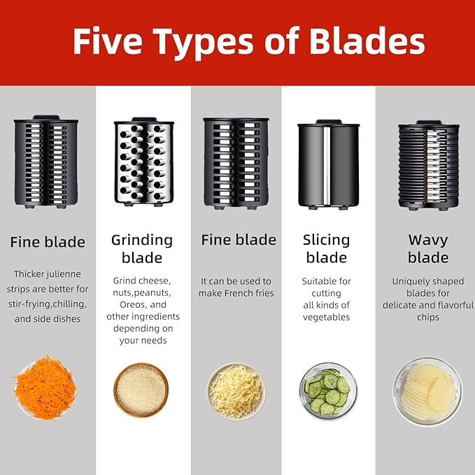 5 In 1 Electric vegetable slicer，300W Electric Cheese Grater Salad Shooter, One-Touch Easy Control, Electric Grater for Vegetables, Cheeses and NutsFor Home Kitchen
