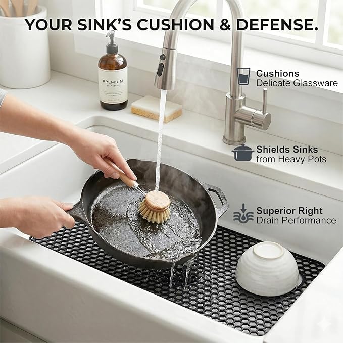 Silicone Sink Protectors for Kitchen - Non-Slip Heat Resistant Grid Mat for Farmhouse Porcelain Stainless Steel, Protects & Cushions Your Sink(Black 1PCS, 28.5"x14.5" Right-Side Drain)