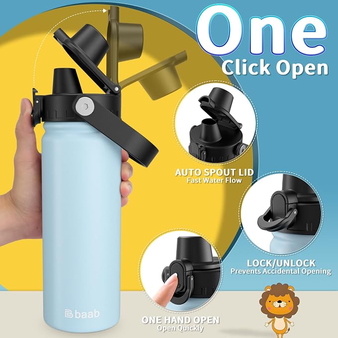 baab 20oz Kids Water Bottle, Insulated Kids Water Bottle with Lockable Spout Lid & Stickers, 18/8 Stainless Steel Vacuum Leakproof Kid Water Cup for Boy Girl & School (Navy Blue+Light Blue, 2 Pack)