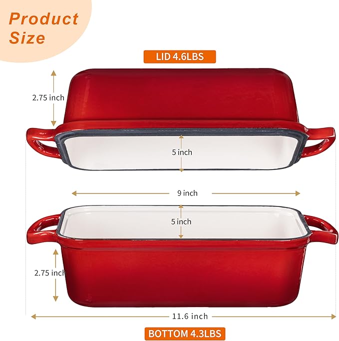 GRMImosa Cast Iron Bread Loaf Pan wiht Lid, Loaf Pans for Baking Bread 9x5 Inch, Sourdough Bread Baking Pan for Homemade Bread, Meatloaf, Even Heat Distribution, Cherry
