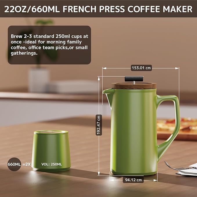 DHPO Ceramic French Press Coffee Maker, 22oz Single Serve Coffee Press with Walnut Wood Lid, Lead-Free, Food Grade Stainless Steel Filter with Dual Screen for Coffee and Loose Tea, Green