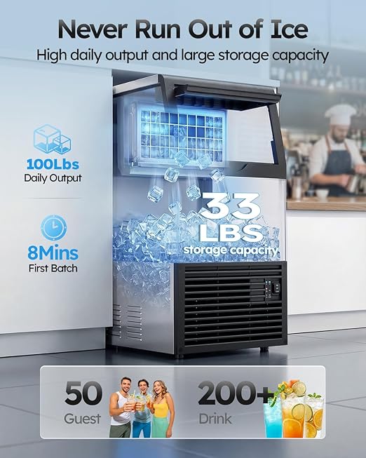 Mojgar Commercial Ice Maker Machine, 100lbs/24H with 33lbs Ice Storage Under Counter Ice Machine, Stainless Steel Built-in Freestanding Ice Maker Self-Cleaning for Home Bar