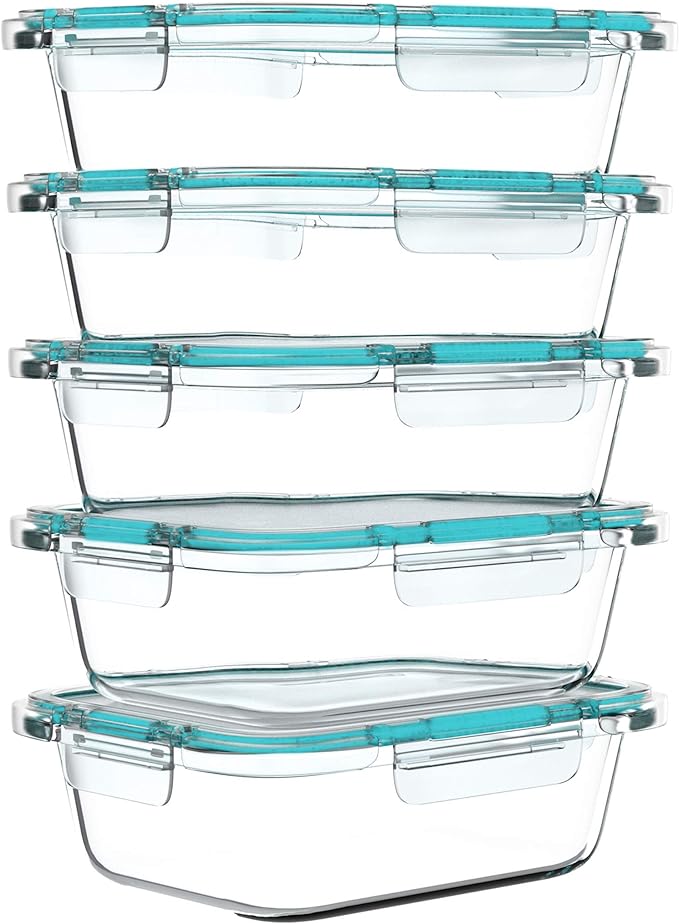 Classic Cuisine Glass Food Storage Containers-5, One Compartment Portion Control Meal Prep Glassware with Snap Shut Lids-Microwave, Dishwasher Safe Clear