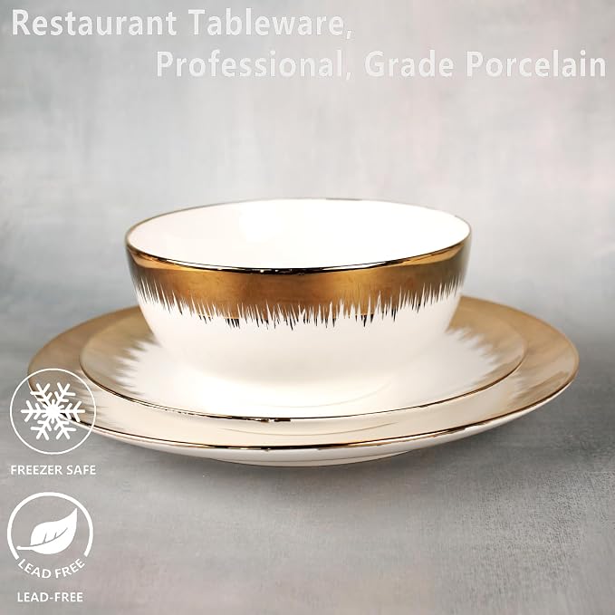 Dinnerware Sets(12Pcs) Serves for 4, Modern Dinnerware, Gilded Edge Plates and Bowls Set with 8.3"Small Plate 10.2"dinner Plate 6.1"Soup bowl, apply Indoor Outdoor (Gilded set)