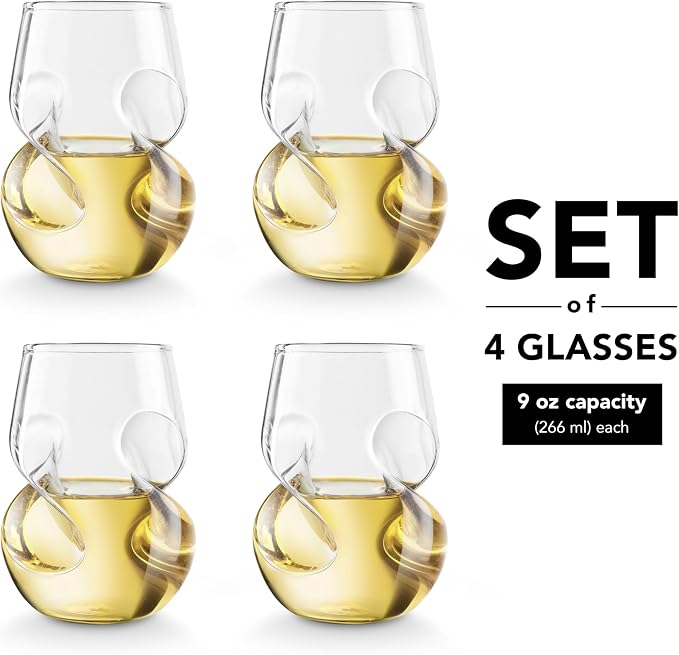 Final Touch Conundrum White Wine Glasses - Set of 4 Stemless Handcrafted Glasses - 9 oz Capacity - Sleek Curves for Comfortable Tasting - Dishwasher Safe (GG5008)