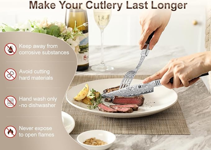 XINZUO Damascus Steel Non Serrated Steak Knife And Fork Set Of 2,67-Layer Damascus Steel Table Fork And Knife With Ebony Handle,Includes 5 Inch Steak Knife And Fork