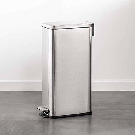 mDesign Slim Metal Rectangle 7.9 Gallon Trash Can with Step Pedal, Easy-Close Lid, Removable Liner - Narrow Wastebasket Garbage Container Bin for Bathroom, Bedroom, Kitchen, Office - Brushed Chrome