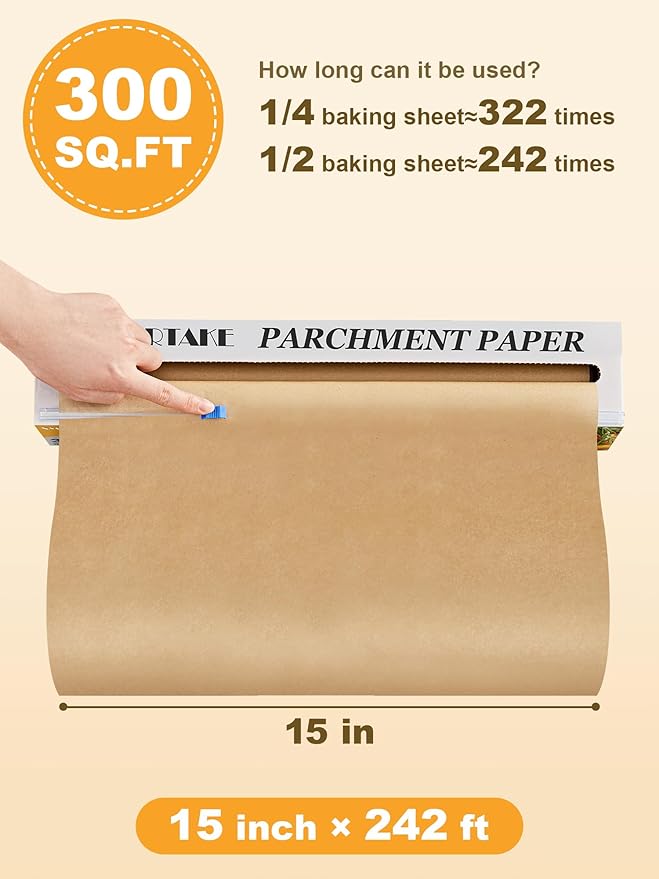 SMARTAKE Parchment Paper Roll for Baking, 15 in x 242 ft, 300 sq.ft, Non-Stick Baking Paper Sheets with Slide Cutter, Heavy Duty Extra Long, for Kitchen Baking Cooking Grilling Steaming, Unbleached