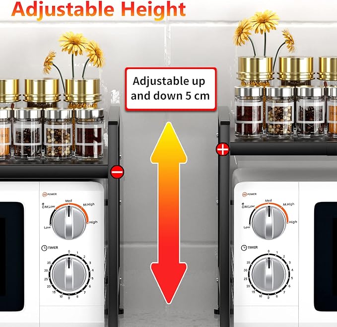 YIUKEA Extendable Microwave Oven Rack - Adjustable Kitchen counter shelf, 2 Tier Microwave Stand (L15.7~23.6" xW12.8 xH17.7) with 6 Hooks for Kitchen Countertop Organizer (Black)