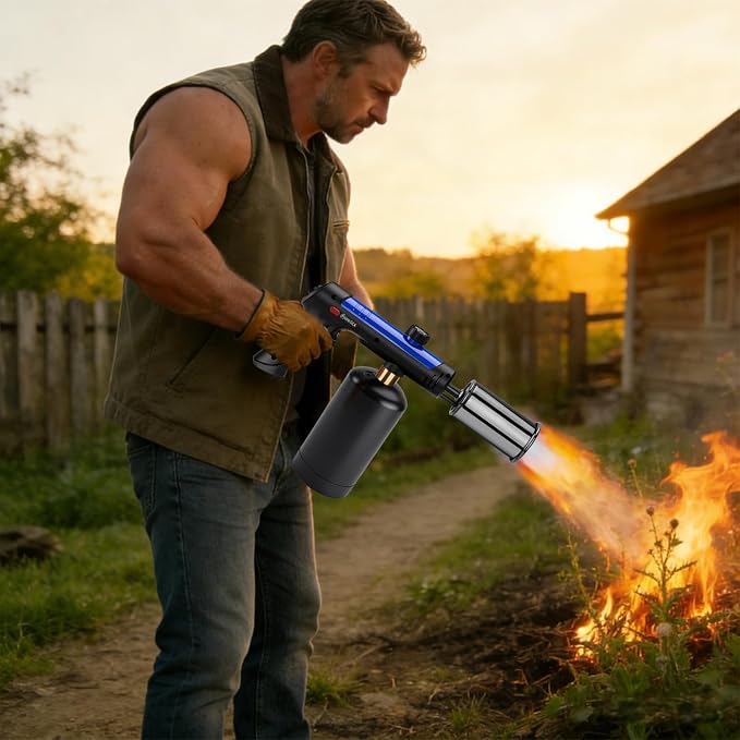 Propane Torch Gun With One-Touch Max Fire, Adjustable Kitchen Torch, Powerful Propane Torch With Many Safety Features(Tank Not Included)-Blue