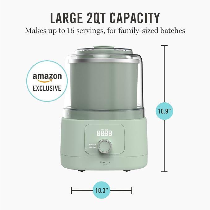 Martha Stewart Ice Cream Maker, 2 Quart Double-Insulated Freezer Bowl, Sorbet & Frozen Yogurt, Ready in 20 Minutes, Mix-Ins Chute, Easy to Clean, Honeydew Green