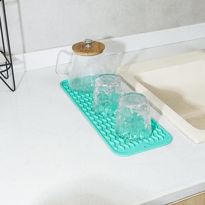 MicoYang Silicone Dish Drying Mat for Multiple Usage,Easy clean,Eco-friendly,Heat-resistant Silicone Mat for Kitchen Counter,Sink,Bar,Bottle,or Cup Mint M 17 inches x 6 inches