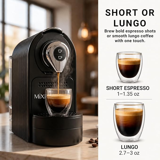 Mixpresso Black Espresso Coffee Machine – Compact 1400W Single Serve Coffee Maker Compatible with Nespresso OriginalLine Capsules, One-Touch Operation, 19-Bar Italian Pump, 27oz Water Tank
