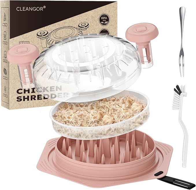 Cleangor Chicken Shredder Tool Twist Large, BPA Free Meat Shredder with Ergonomic Handle, Non-Slip Food Shredder Tool for Pork, Beef, Set of Chicken Breast Shredder with Brush & Fork (1, Light Pink)