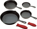Crucible Cookware Cast Iron Skillets, Set Of 4 (Pre-seasoned) 10 Inch - 5.1 Inch, Including Large & Small Silicone Hot Handle Holders | Indoor & Outdoor Use