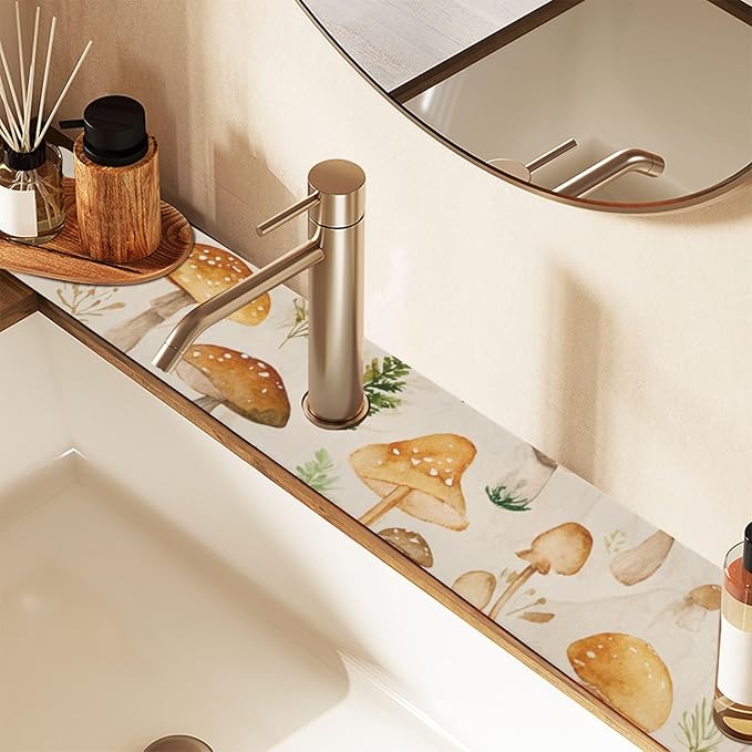 Kitchen Sink Splash Guard 2 PCS 30 Inch Sink Faucet Mat Splash Guard for Bathroom Countertop Water Absorbent Foldable Cuttable Soft Washable Watercolor Mushrooms Beige