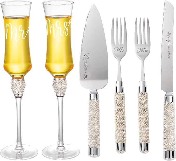 Wedding Cake Knife and Server Set, 6 Pieces Mr and Mrs Champagne Flutes Glasses and Cake Cutting Set for Wedding, Bridal Shower Gifts, Engagement Gifts for Couples