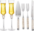 Wedding Cake Knife and Server Set, 6 Pieces Mr and Mrs Champagne Flutes Glasses and Cake Cutting Set for Wedding, Bridal Shower Gifts, Engagement Gifts for Couples