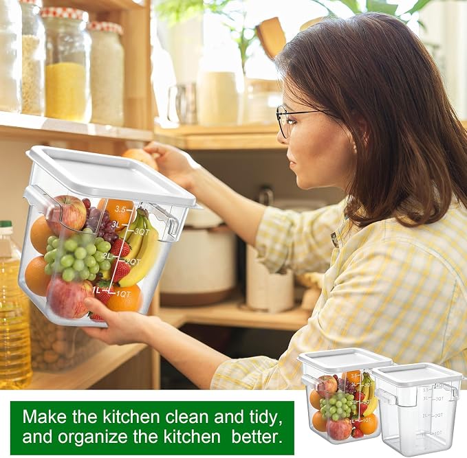 FoldTier 2 Pieces Square Food Storage Containers Polycarbonate Clear food Container with Lid Commercial Storage with Graduations for Commercial Kitchen Dough Marinating Meat(White,4 Qt)