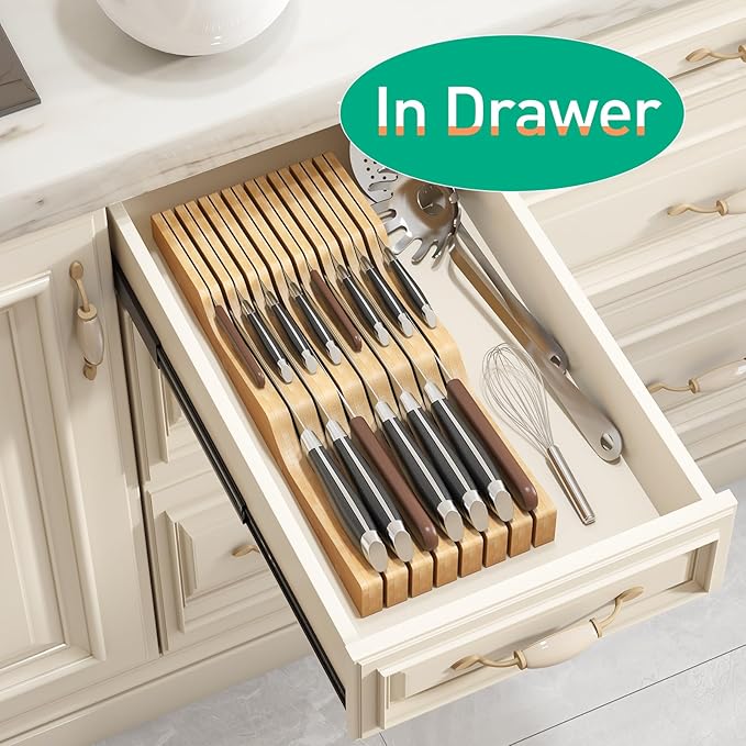 Large Knife Drawer Organizer Insert, Bamboo Wood Knife Holder, Knife Block Hold up To 15 Knives
