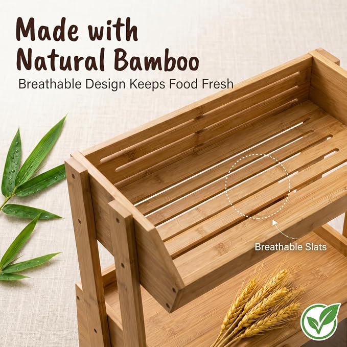 Bamboo Bread Box for Kitchen Countertop, 2 Tier Large Storage with Fruit Basket Top and Window, Farmhouse Organizer for Snacks & Vegetables