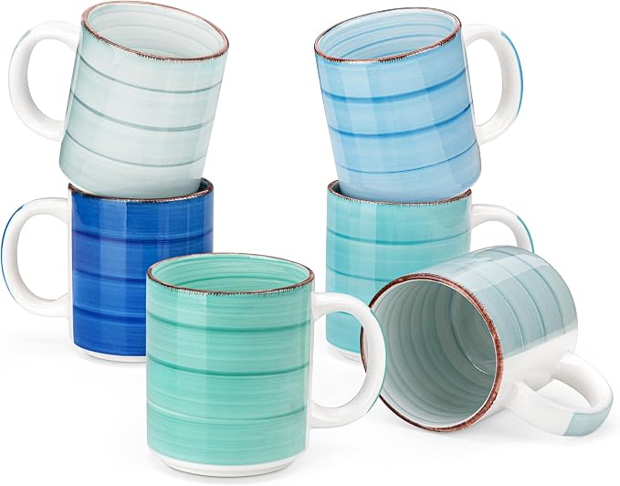 vancasso Bonita Ceramic Coffee Mug Set of 6,16 Oz Coffee Cups with Large Handle for Tea,Latte,Cappuccino,Milk,Cocoa,Dishwasher&Microwave Safe(Blue)