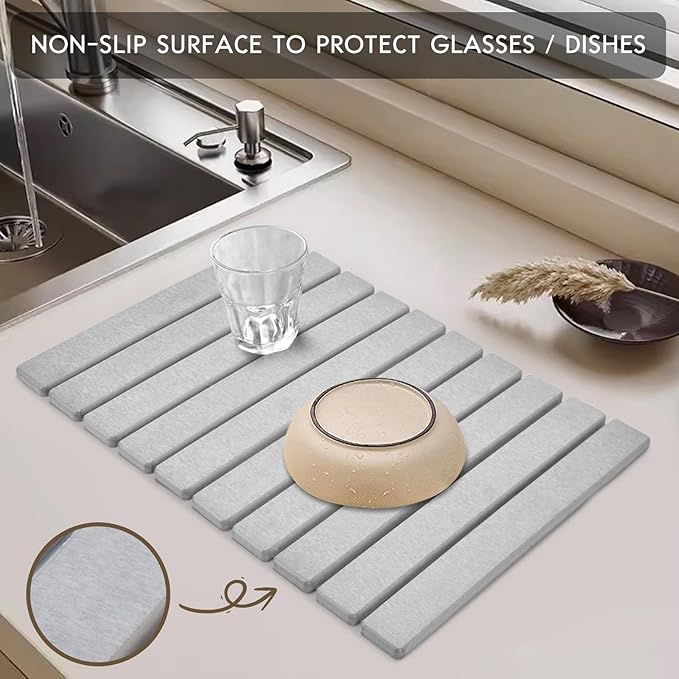 Large Stone Dish Drying Mat for Kitchen Counter, 24"(L)×16"(W), Collapsible Quick Dry Dish Drying Mat, Ultra Absorbent Diatomaceous Earth Mats for Dishes Bottles Cups, Match Any Countertop
